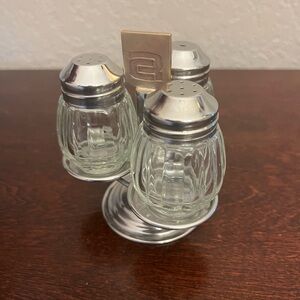 Vintage Salt Pepper Toothpicks Shakers Caddy Metal Holder - 4 Piece Set Unused